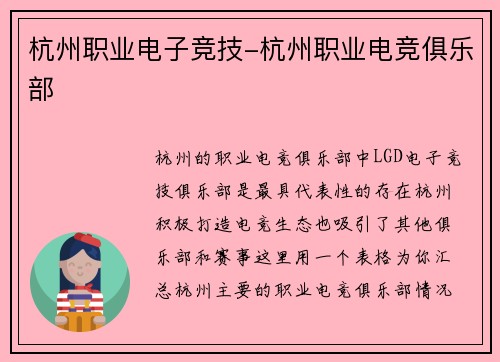 杭州职业电子竞技-杭州职业电竞俱乐部